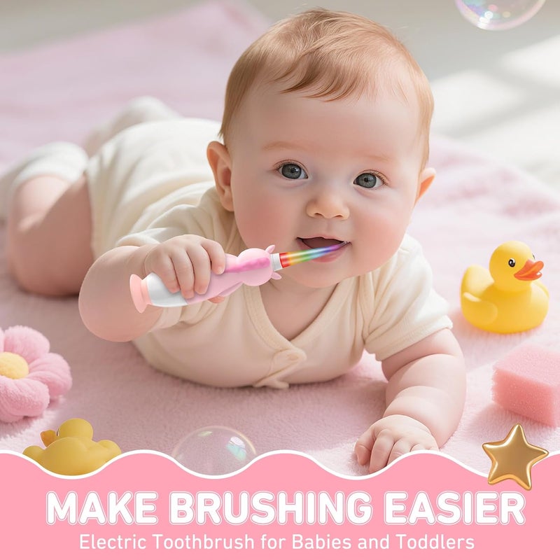 YUNCHI Toddler Electric Toothbrush Kids 0-3-6 Years, Baby Electric Toothbrush with Colorful LED Light, Battery Powered Toddler Toothbrush with 2 Minutes Timer 4 Brush Heads, Infant Toothbrush (Pink) - Image 3